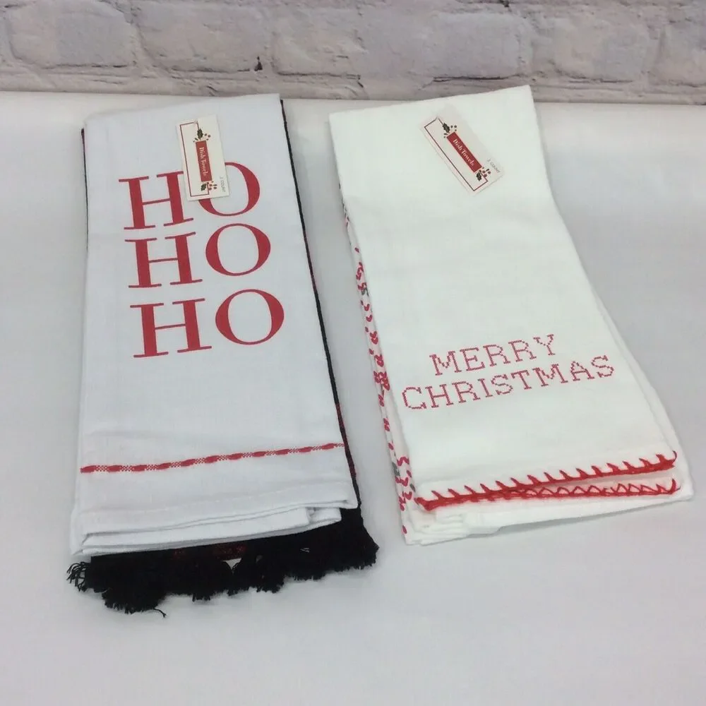 Merry Christmas Holiday Theme 4 Pc Kitchen Tea Towel Set Red/Black/White Cotton